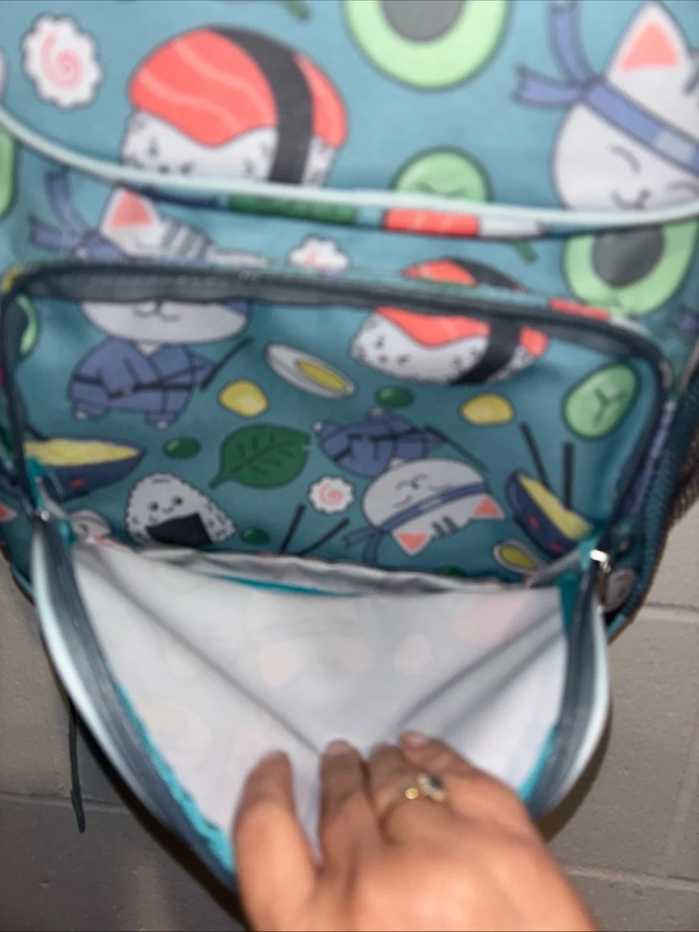 Women’s Sushi Kitty backpack book bag teal green with laptop sleeve